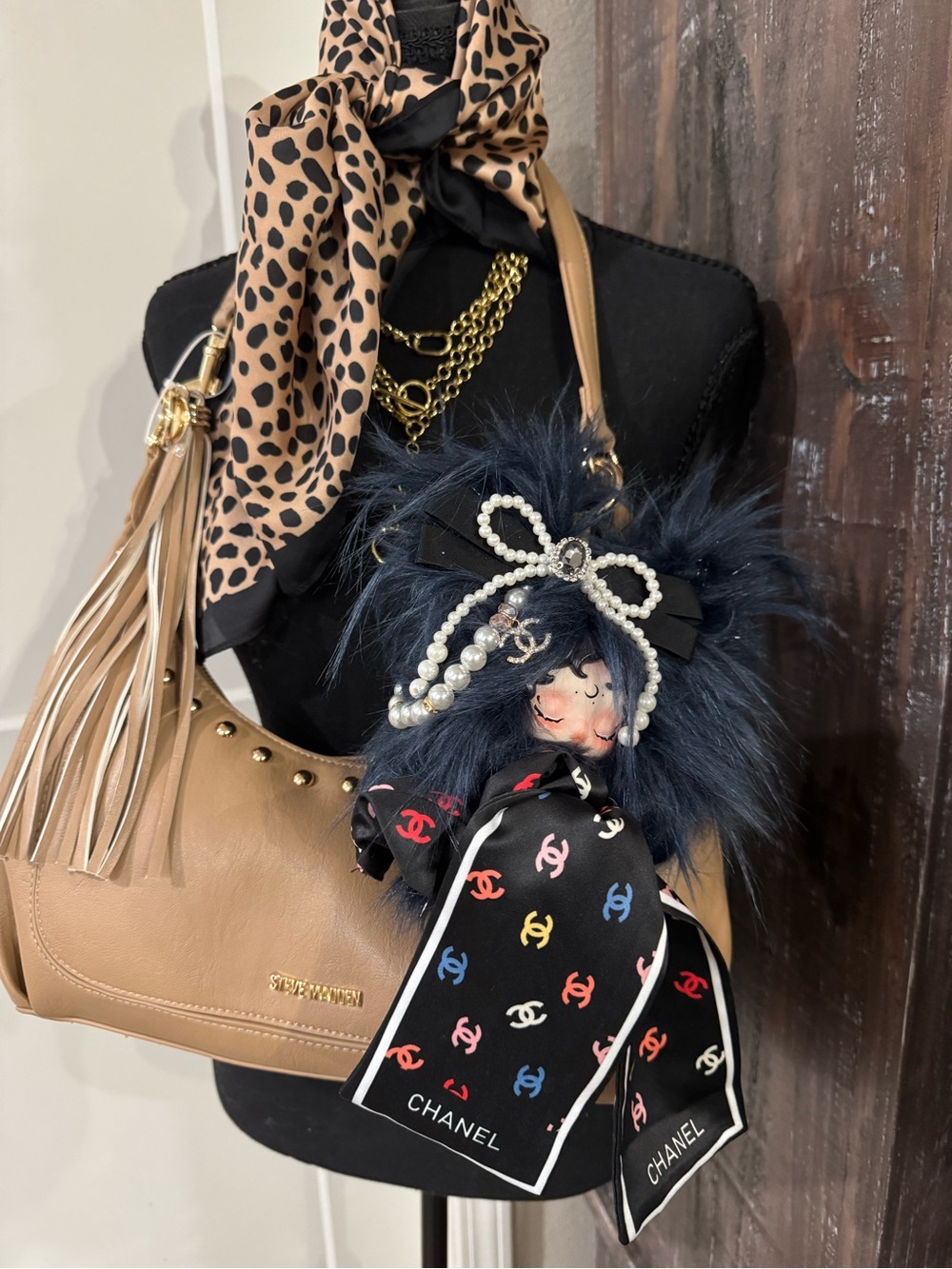 Custom Skullpanda Navy Fur Doll Bag Charm with Multicolor CC Scarf